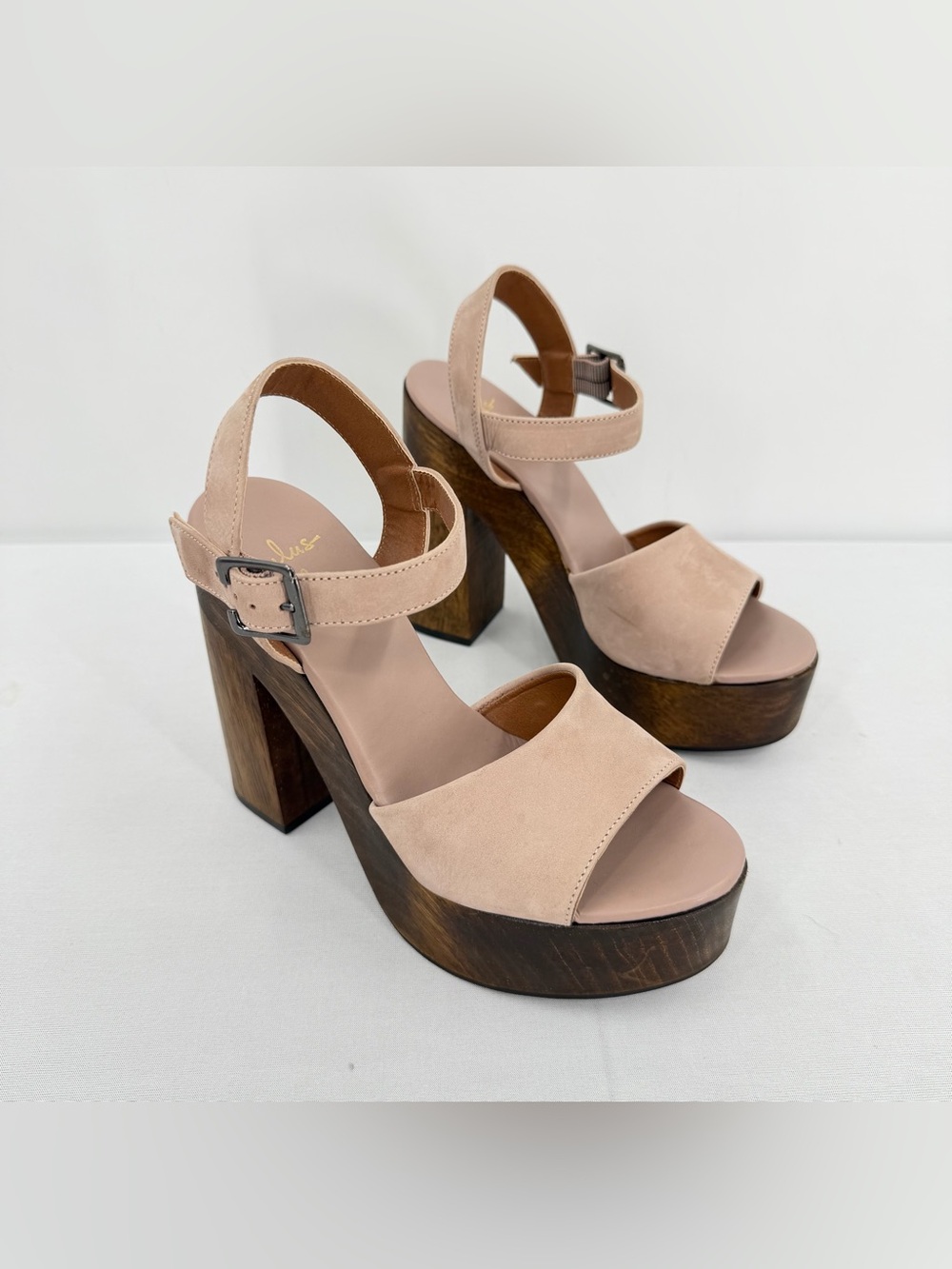 Leather Wood Platform Block Heel Sandals Nude 6.5 resort boho eurosummer coastal - Picture 4 of 16
